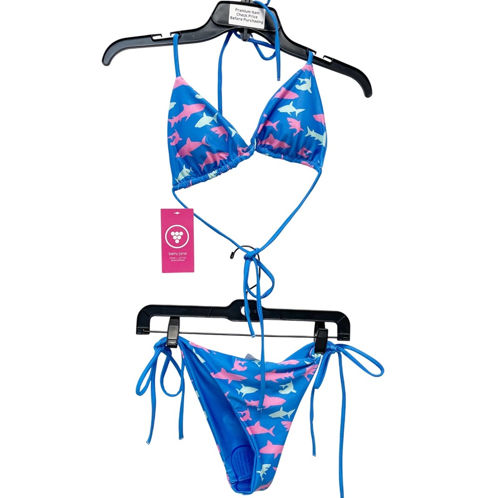 Berry Jane Women's Blue Shark Print Triangle Side Tie Bikini Swimsuit Set Size S